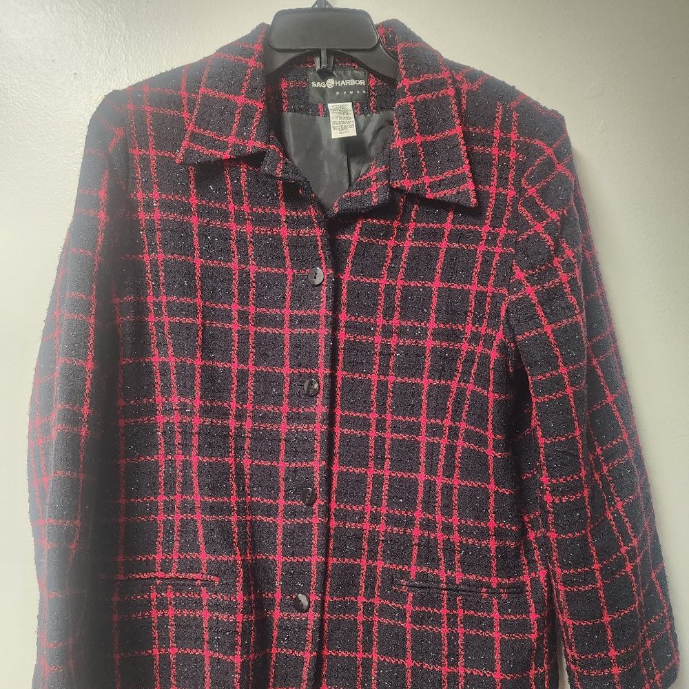 Vintage Sag Harbor Woman Red Black Metallic Tweed Blazer 16w